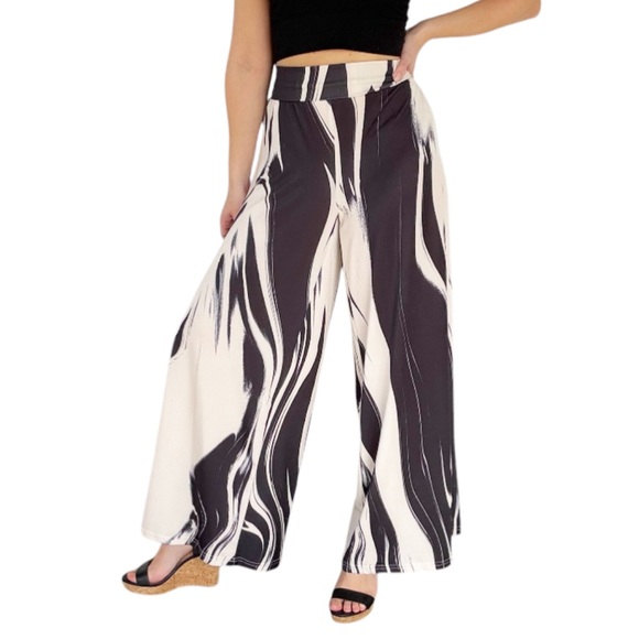 Bon Apple Tea black white abstract wave high rise stretch wide leg pants size 1X - Picture 1 of 11